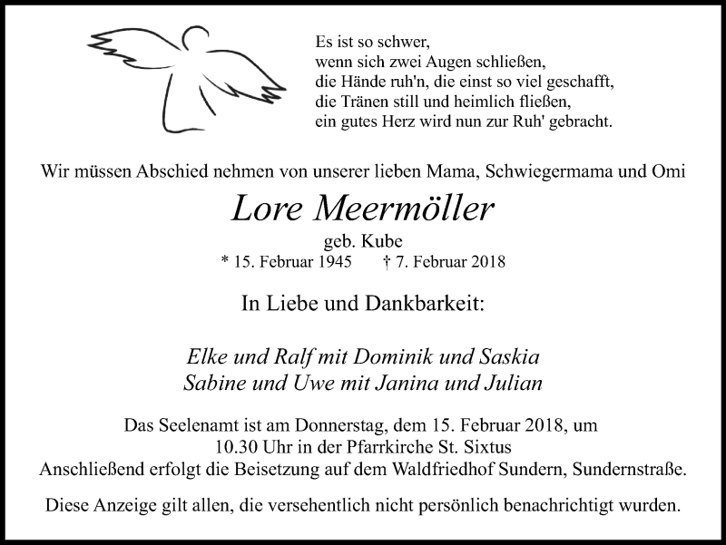  Traueranzeige für Lore Meermöller vom 10.02.2018 aus Ruhr Nachrichten und Halterner Zeitung