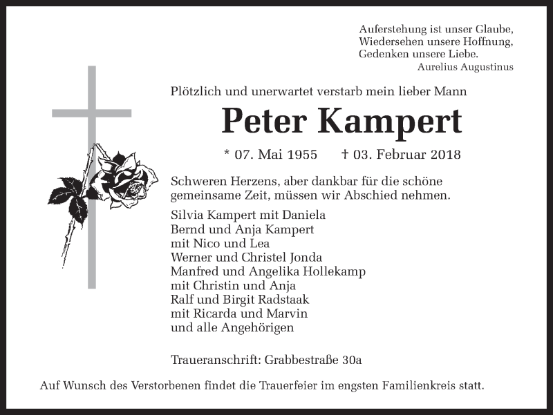  Traueranzeige für Peter Kampert vom 10.02.2018 aus Ruhr Nachrichten