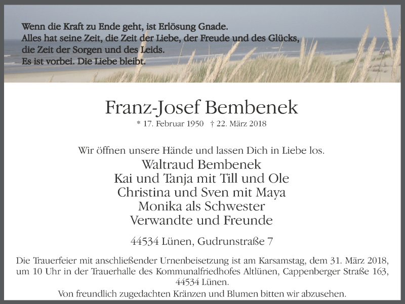  Traueranzeige für Franz-Josef Bembenek vom 27.03.2018 aus Ruhr Nachrichten