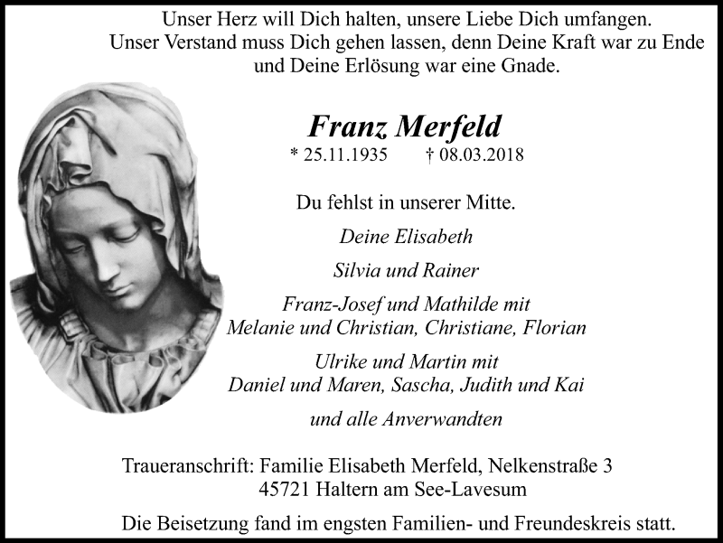  Traueranzeige für Franz Merfeld vom 14.03.2018 aus Ruhr Nachrichten und Halterner Zeitung