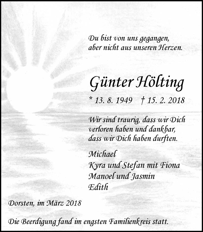  Traueranzeige für Günter Hölting vom 14.03.2018 aus Ruhr Nachrichten und Dorstener Zeitung