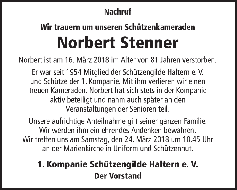  Traueranzeige für Norbert Stenner vom 23.03.2018 aus Ruhr Nachrichten und Halterner Zeitung