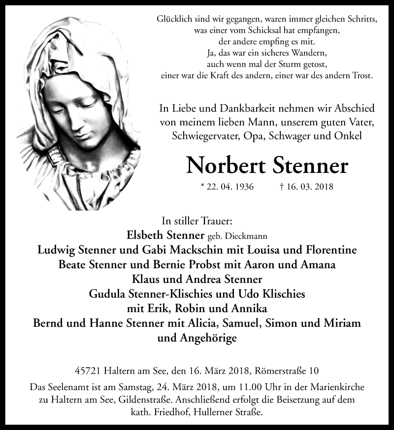  Traueranzeige für Norbert Stenner vom 20.03.2018 aus Ruhr Nachrichten und Halterner Zeitung