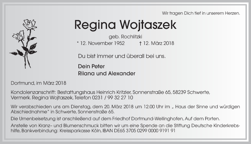  Traueranzeige für Regina Wojtaszek vom 14.03.2018 aus Ruhr Nachrichten