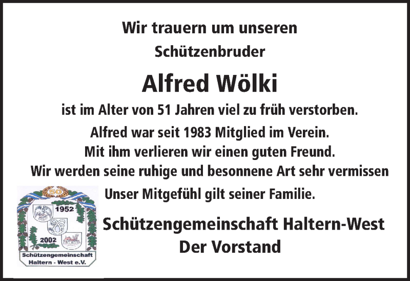  Traueranzeige für Alfred Wölki vom 27.04.2018 aus Ruhr Nachrichten und Halterner Zeitung