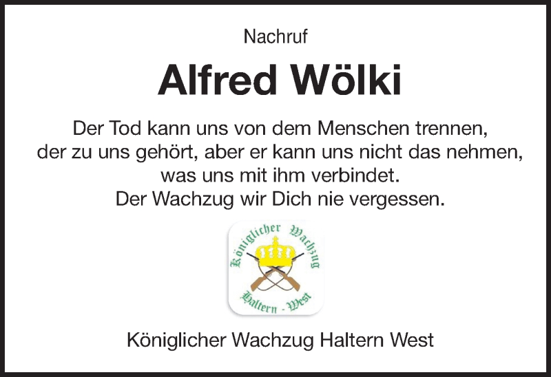  Traueranzeige für Alfred Wölki vom 27.04.2018 aus Ruhr Nachrichten und Halterner Zeitung