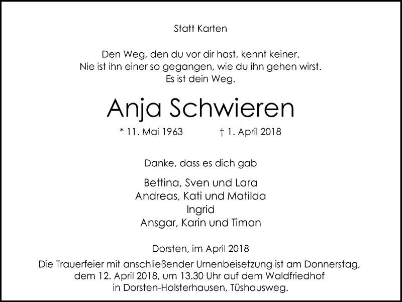  Traueranzeige für Anja Schwieren vom 10.04.2018 aus Ruhr Nachrichten und Dorstener Zeitung