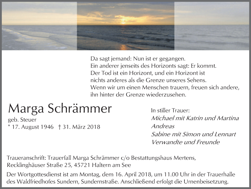  Traueranzeige für Marga Schrämmer vom 11.04.2018 aus Ruhr Nachrichten und Halterner Zeitung