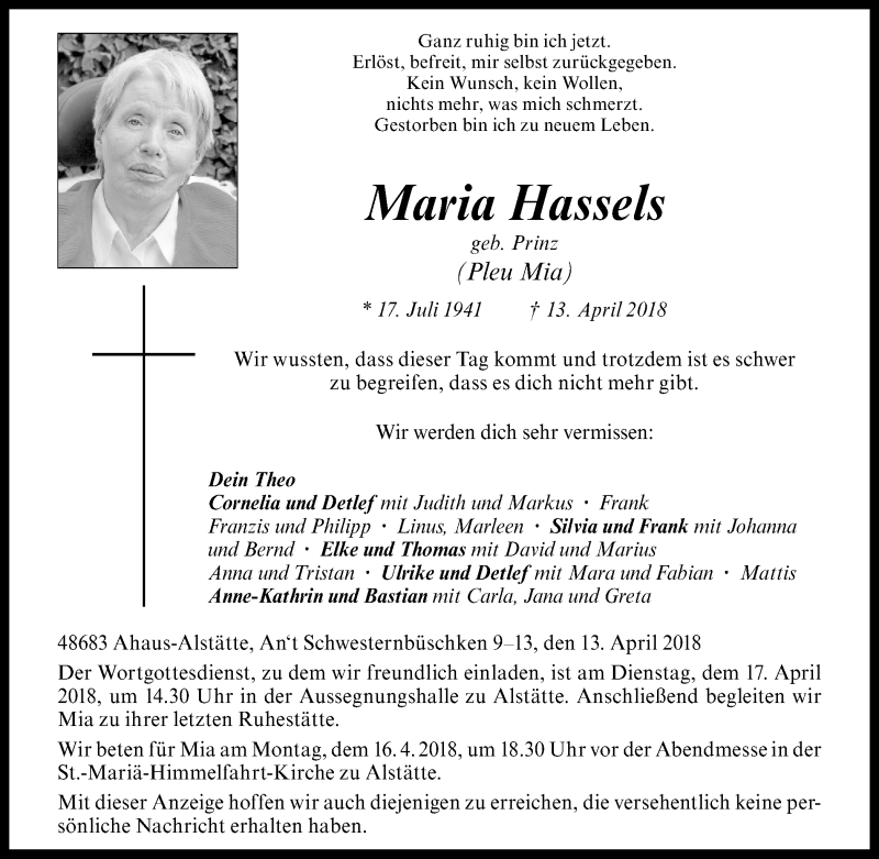  Traueranzeige für Maria Hassels vom 14.04.2018 aus Münstersche Zeitung und Münsterland Zeitung