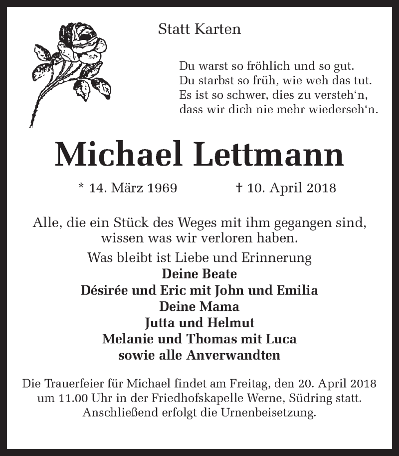  Traueranzeige für Michael Lettmann vom 18.04.2018 aus Ruhr Nachrichten