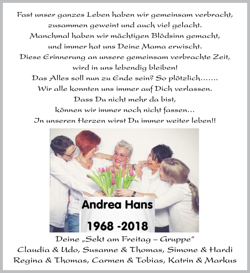  Traueranzeige für Andrea Hans vom 26.05.2018 aus Ruhr Nachrichten