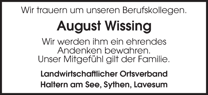  Traueranzeige für August Wissing vom 31.05.2018 aus Ruhr Nachrichten und Halterner Zeitung