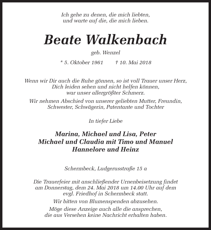  Traueranzeige für Beate Walkenbach vom 17.05.2018 aus Ruhr Nachrichten und Dorstener Zeitung