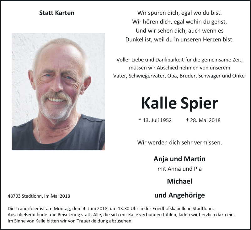  Traueranzeige für Kalle Spier vom 31.05.2018 aus Münstersche Zeitung und Münsterland Zeitung