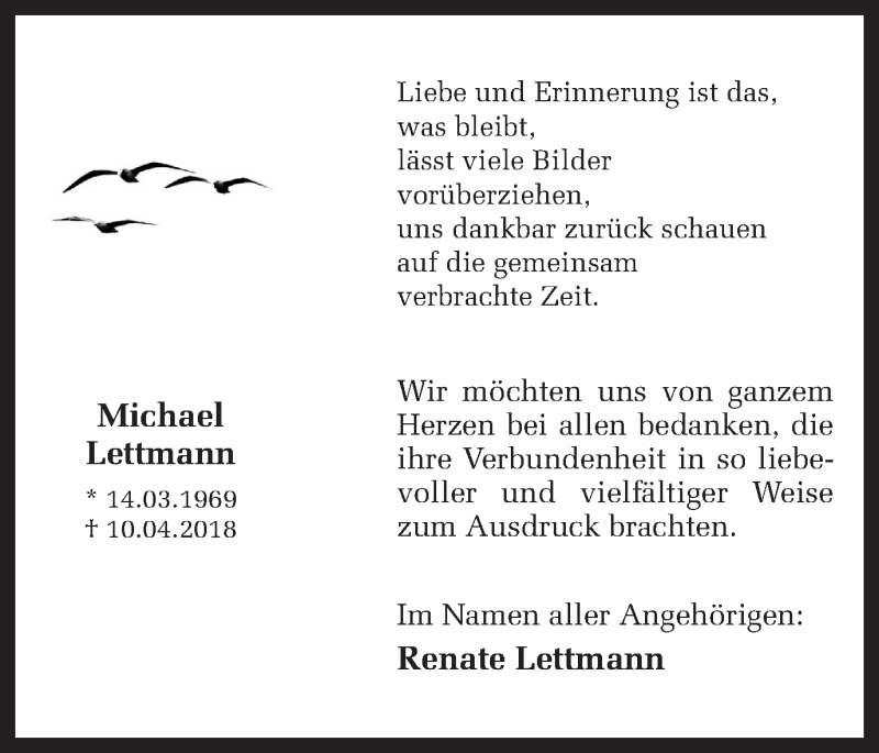  Traueranzeige für Michael Lettmann vom 26.05.2018 aus Ruhr Nachrichten