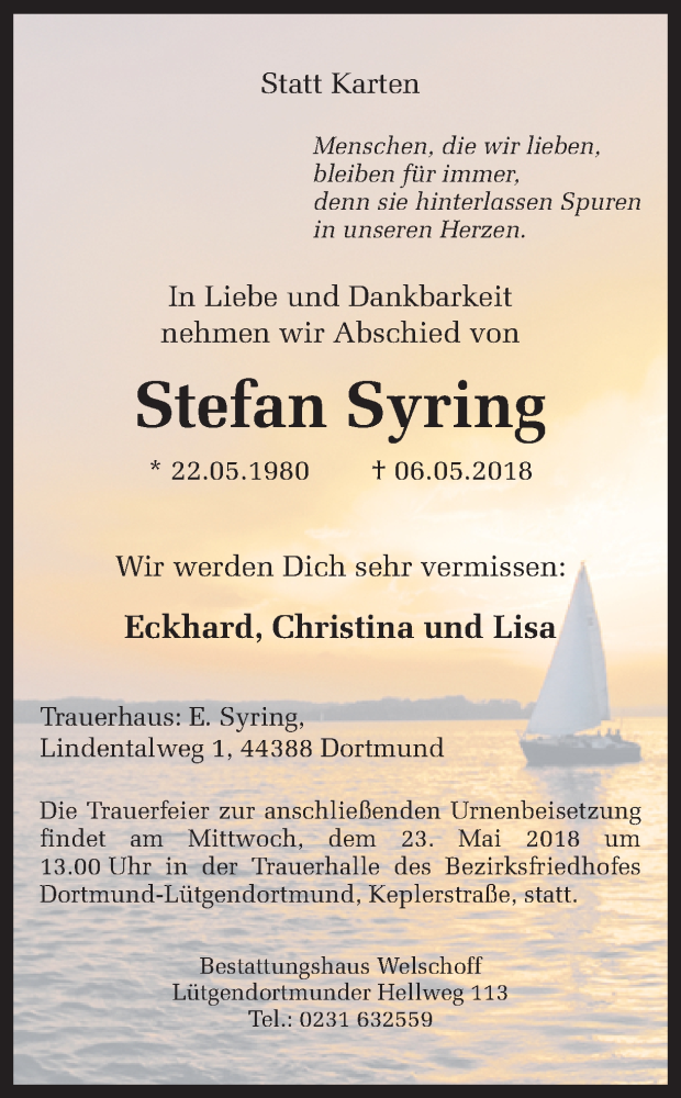  Traueranzeige für Stefan Syring vom 19.05.2018 aus Ruhr Nachrichten