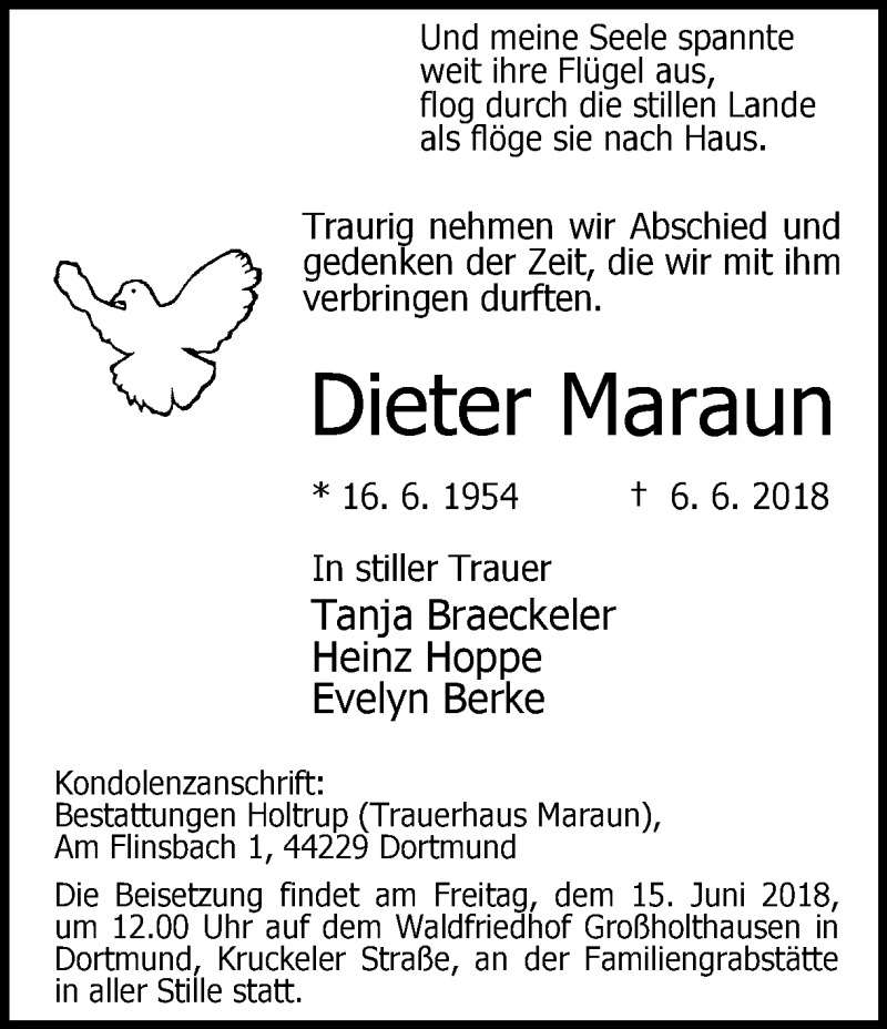  Traueranzeige für Dieter Maraun vom 13.06.2018 aus Ruhr Nachrichten