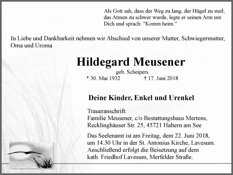  Traueranzeige für Hildegard Meusener vom 19.06.2018 aus Ruhr Nachrichten und Halterner Zeitung