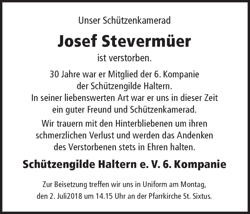  Traueranzeige für Josef Stevermüer vom 30.06.2018 aus Ruhr Nachrichten und Halterner Zeitung