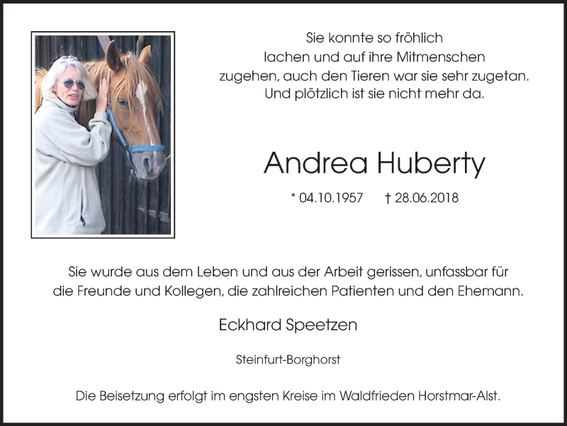  Traueranzeige für Andrea Huberty vom 04.07.2018 aus Münstersche Zeitung und Münsterland Zeitung