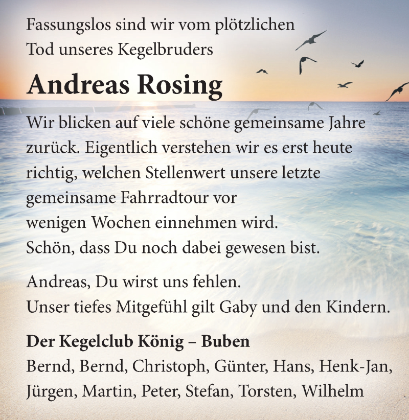  Traueranzeige für Andreas Rosing vom 11.07.2018 aus Münstersche Zeitung und Münsterland Zeitung