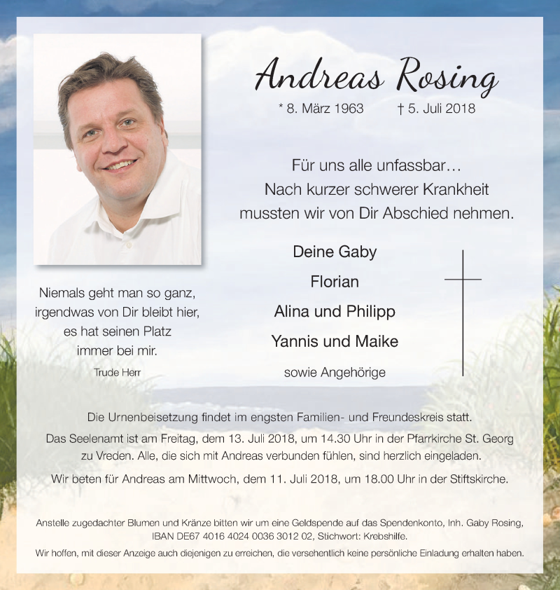  Traueranzeige für Andreas Rosing vom 09.07.2018 aus Münstersche Zeitung und Münsterland Zeitung