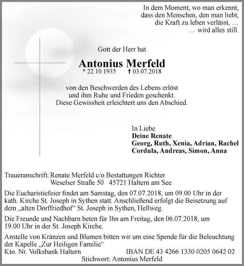  Traueranzeige für Antonius Merfeld vom 05.07.2018 aus Ruhr Nachrichten und Halterner Zeitung