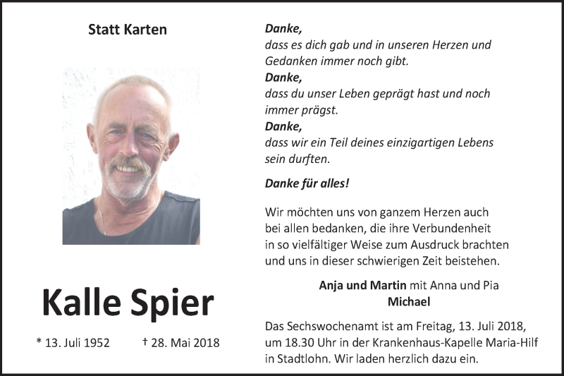  Traueranzeige für Kalle Spier vom 10.07.2018 aus Münstersche Zeitung und Münsterland Zeitung