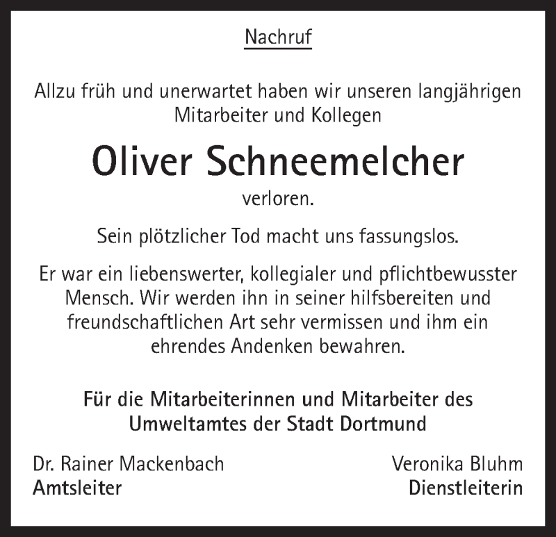  Traueranzeige für Oliver Schneemelcher vom 07.07.2018 aus Ruhr Nachrichten