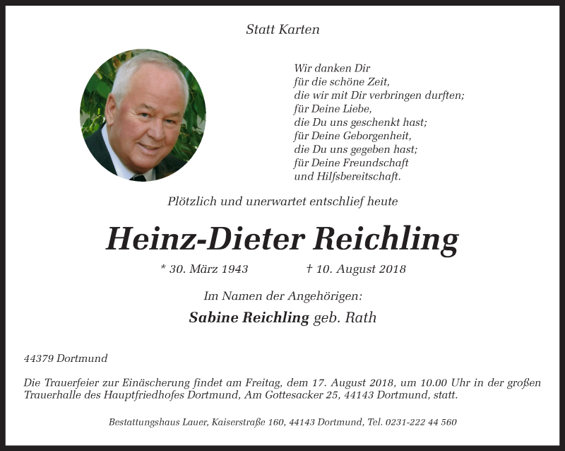  Traueranzeige für Heinz-Dieter Reichling vom 14.08.2018 aus Ruhr Nachrichten