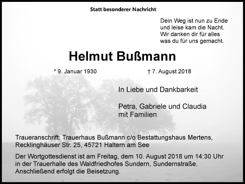  Traueranzeige für Helmut Bußmann vom 09.08.2018 aus Ruhr Nachrichten und Halterner Zeitung