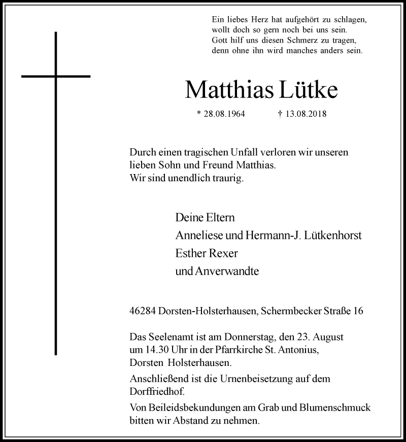  Traueranzeige für Matthias Lütke vom 18.08.2018 aus Ruhr Nachrichten und Dorstener Zeitung