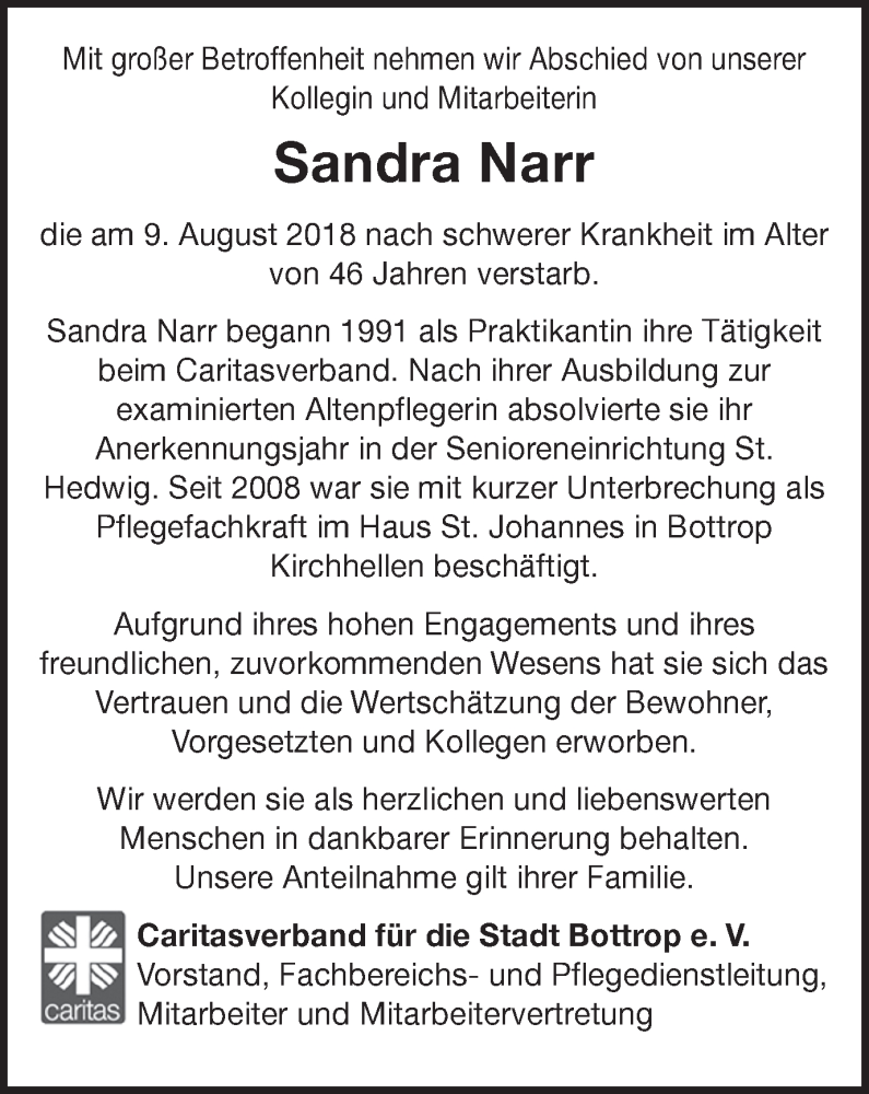  Traueranzeige für Sandra Narr vom 15.08.2018 aus Ruhr Nachrichten und Dorstener Zeitung