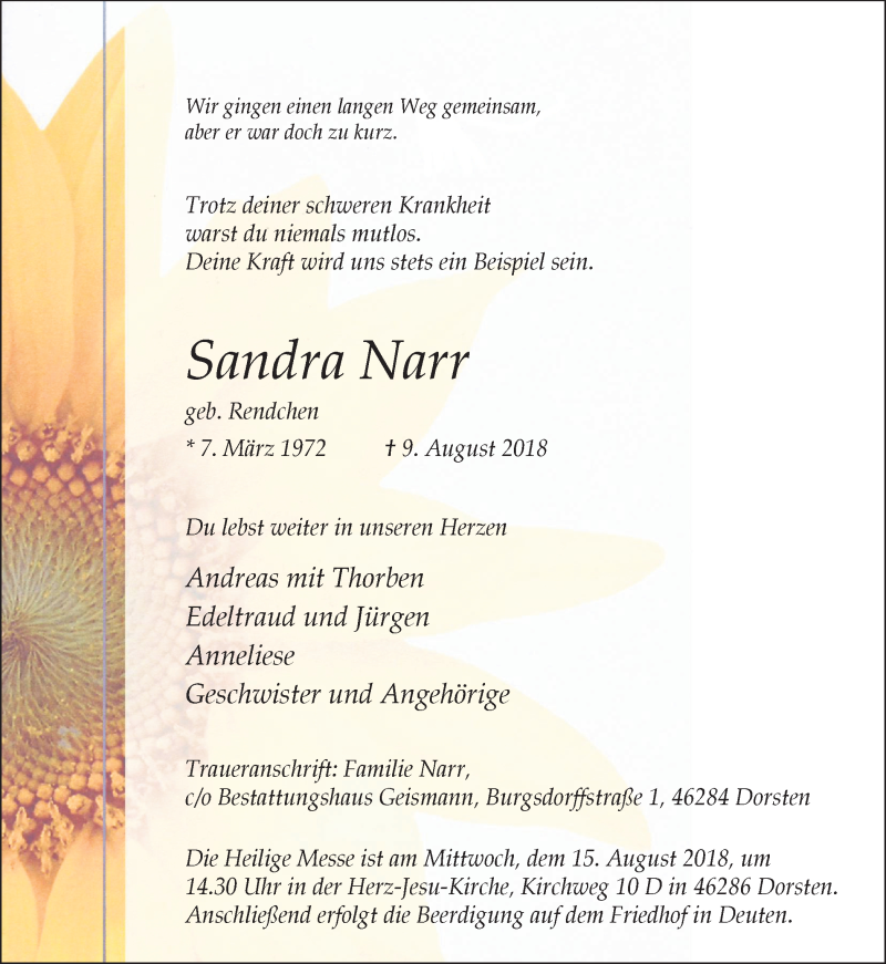  Traueranzeige für Sandra Narr vom 11.08.2018 aus Ruhr Nachrichten und Dorstener Zeitung