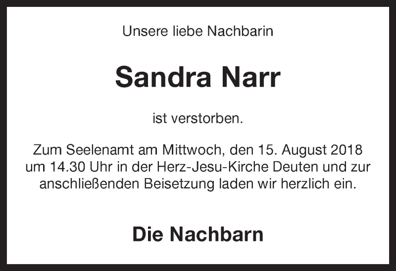  Traueranzeige für Sandra Narr vom 14.08.2018 aus Ruhr Nachrichten und Dorstener Zeitung