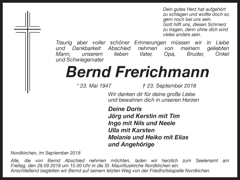  Traueranzeige für Bernd Frerichmann vom 25.09.2018 aus Ruhr Nachrichten