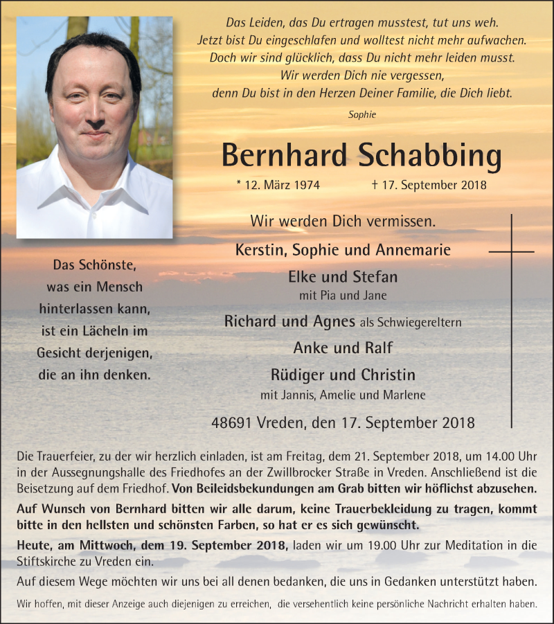  Traueranzeige für Bernhard Schabbing vom 19.09.2018 aus Münstersche Zeitung und Münsterland Zeitung