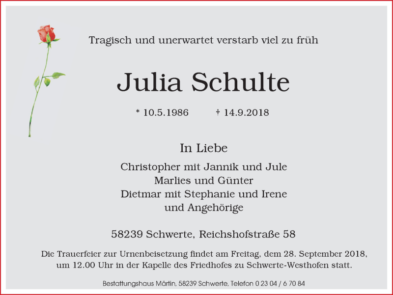  Traueranzeige für Julia Schulte vom 25.09.2018 aus Ruhr Nachrichten