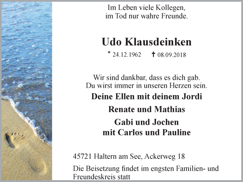  Traueranzeige für Udo Klausdeinken vom 15.09.2018 aus Ruhr Nachrichten und Halterner Zeitung