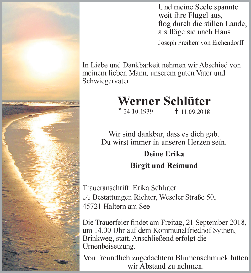  Traueranzeige für Werner Schlüter vom 15.09.2018 aus Ruhr Nachrichten und Halterner Zeitung