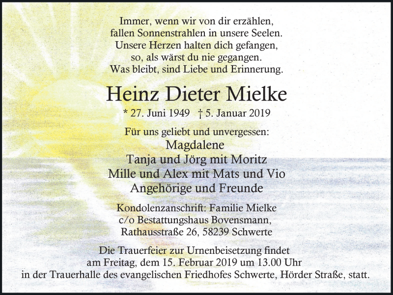  Traueranzeige für Heinz Dieter Mielke vom 16.01.2019 aus Ruhr Nachrichten