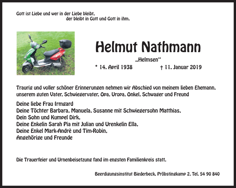  Traueranzeige für Helmut Nathmann vom 19.01.2019 aus Ruhr Nachrichten