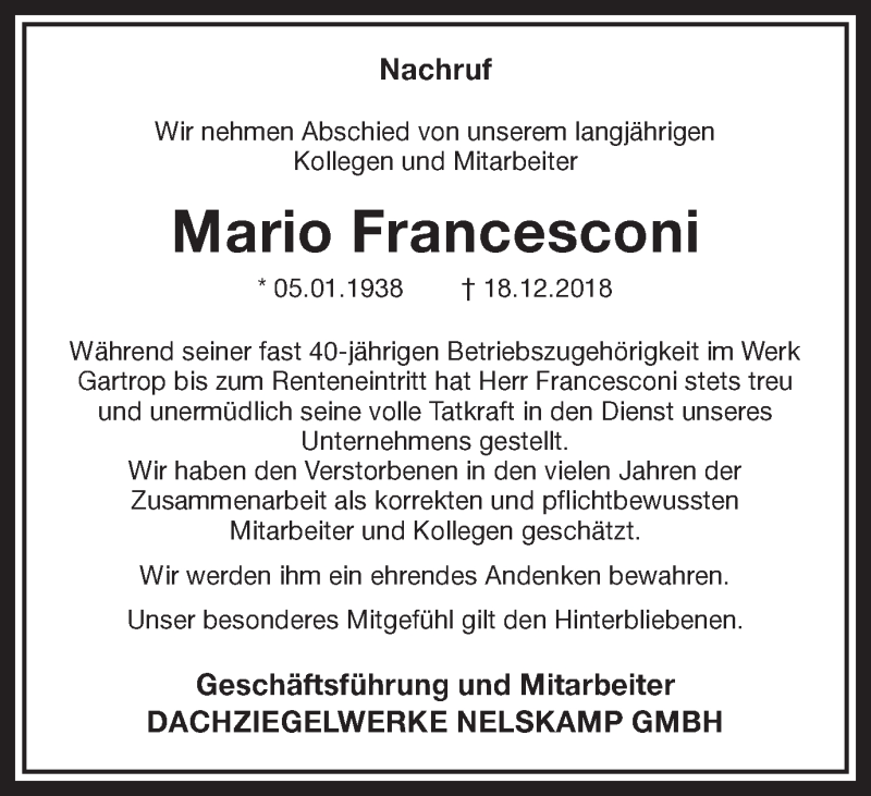  Traueranzeige für Mario Francesconi vom 05.01.2019 aus Ruhr Nachrichten und Dorstener Zeitung