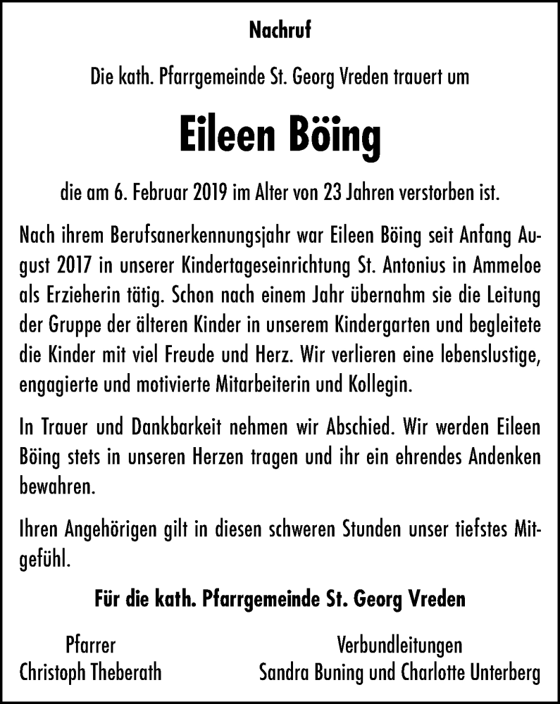  Traueranzeige für Eileen Böing vom 13.02.2019 aus Münstersche Zeitung und Münsterland Zeitung