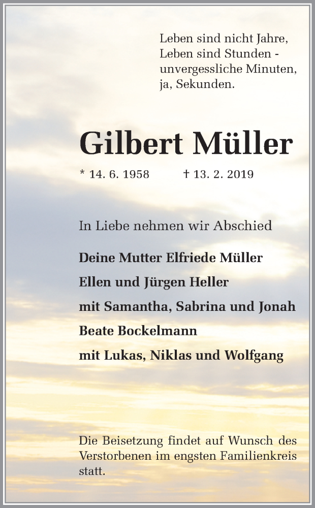  Traueranzeige für Gilbert Müller vom 16.02.2019 aus Ruhr Nachrichten