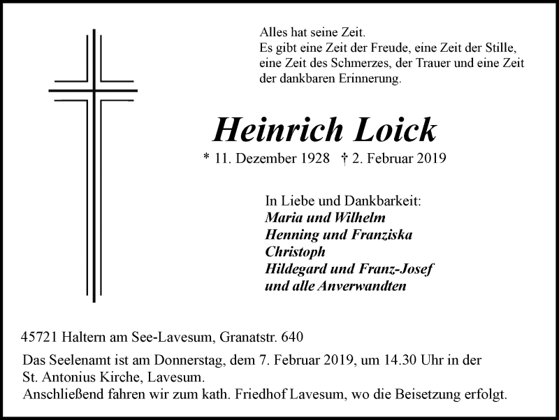  Traueranzeige für Heinrich Loick vom 05.02.2019 aus Ruhr Nachrichten und Halterner Zeitung