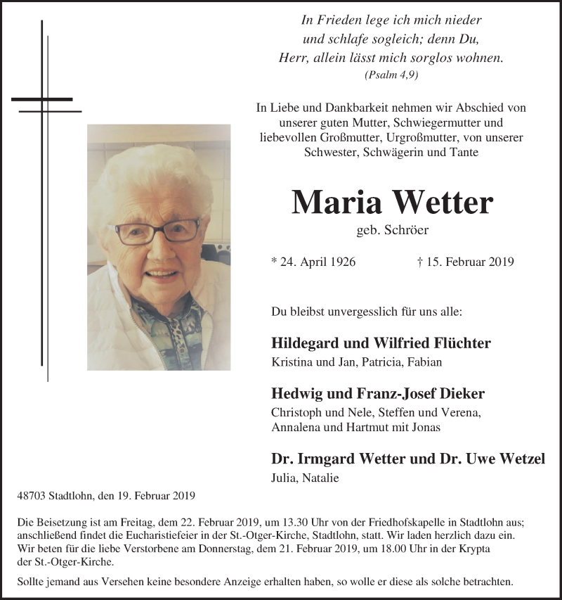  Traueranzeige für Maria Wetter vom 19.02.2019 aus Münstersche Zeitung und Münsterland Zeitung