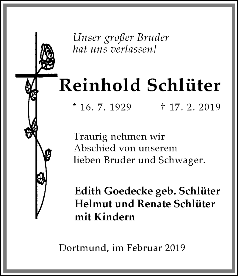  Traueranzeige für Reinhold Schlüter vom 21.02.2019 aus Ruhr Nachrichten