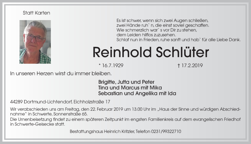  Traueranzeige für Reinhold Schlüter vom 20.02.2019 aus Ruhr Nachrichten