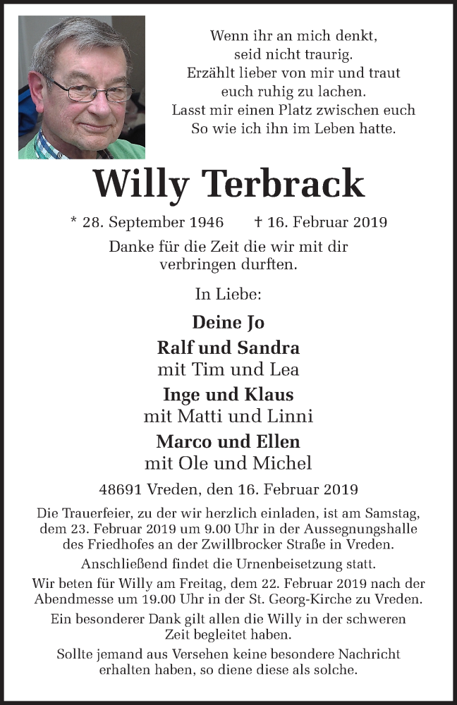  Traueranzeige für Willy Terbrack vom 20.02.2019 aus Münstersche Zeitung und Münsterland Zeitung